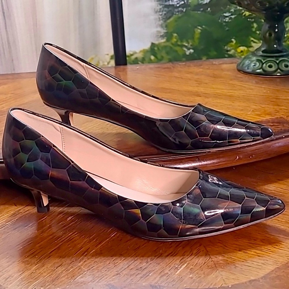 Black Patent Leather Kitten Heel with iridescent color changing Crocodile color